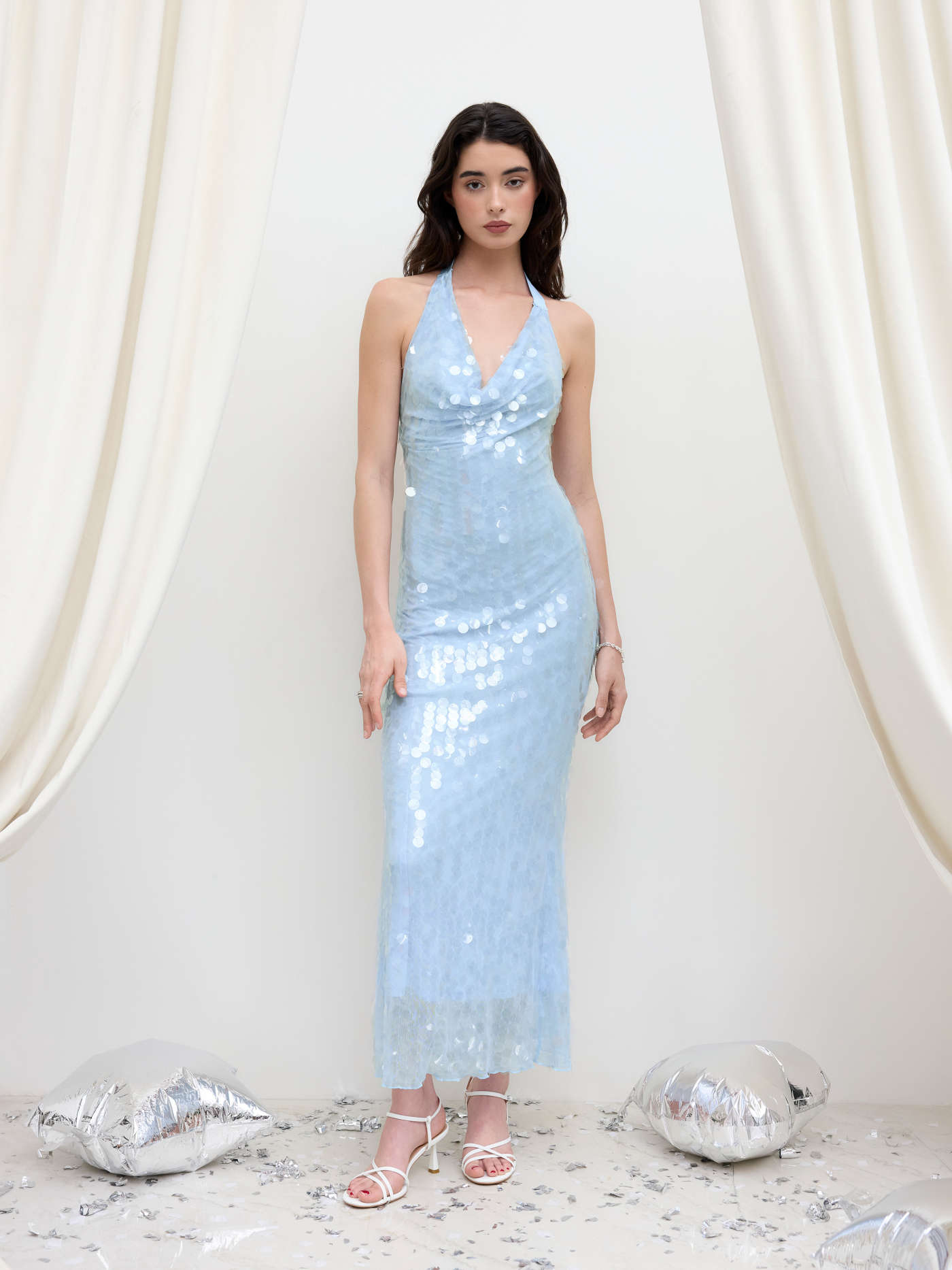 Sequin Halter Cowl Neck Backless Knotted Maxi Dress