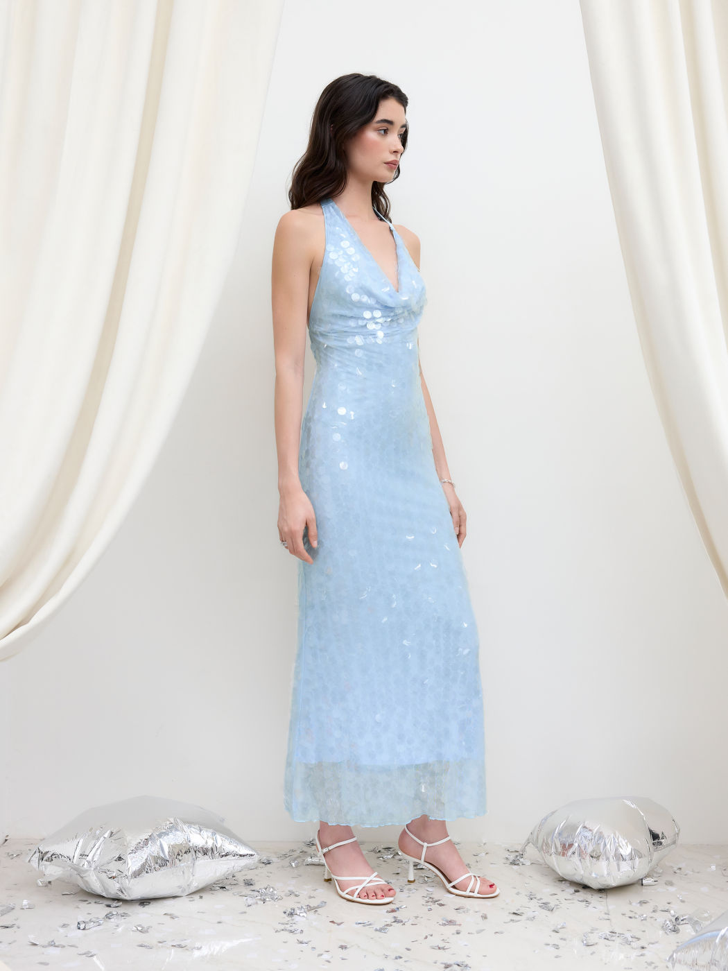 Sequin Halter Cowl Neck Backless Knotted Maxi Dress