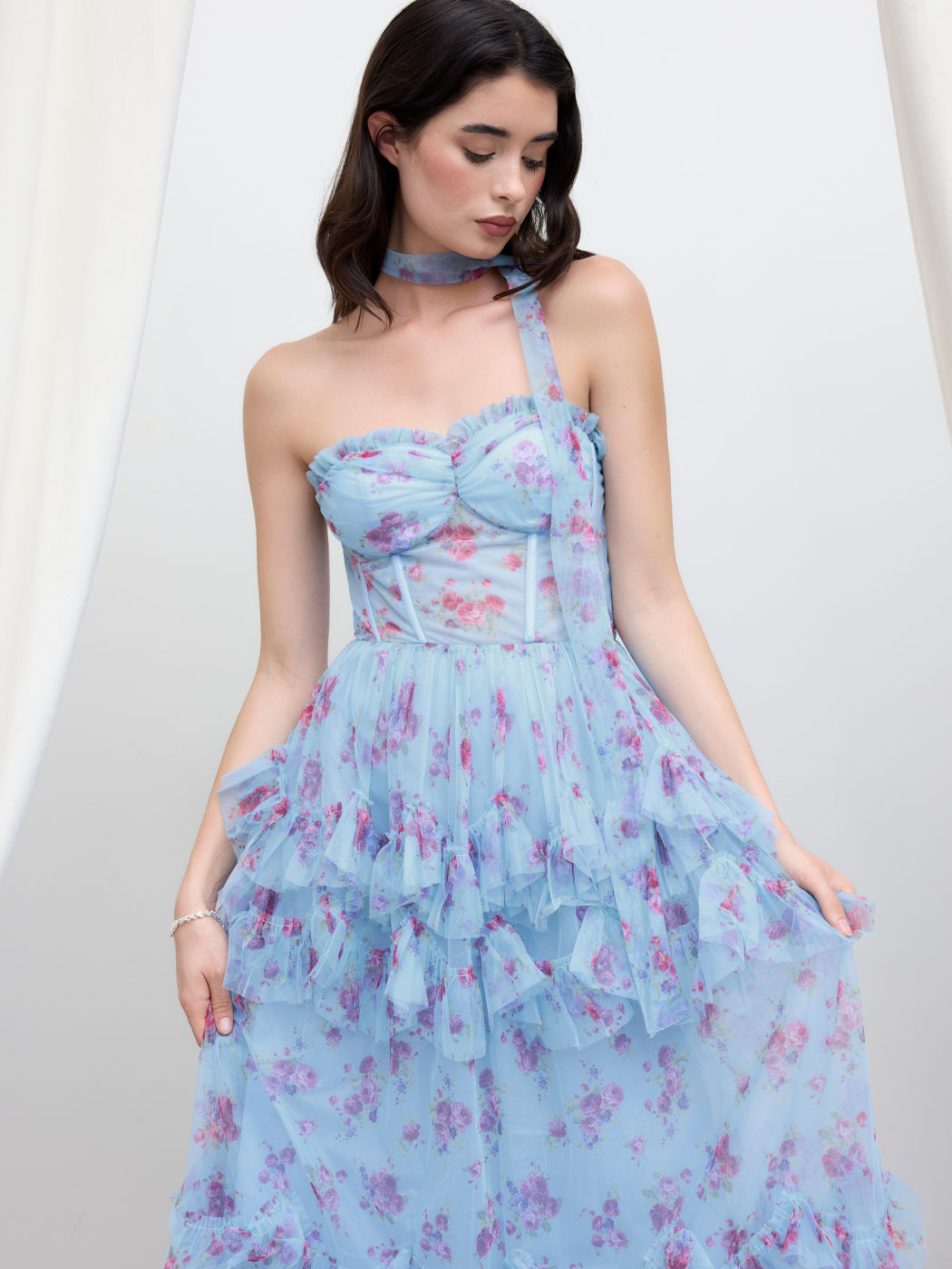 Mesh Tube Floral Ruffle Corset Maxi Dress With Scarf