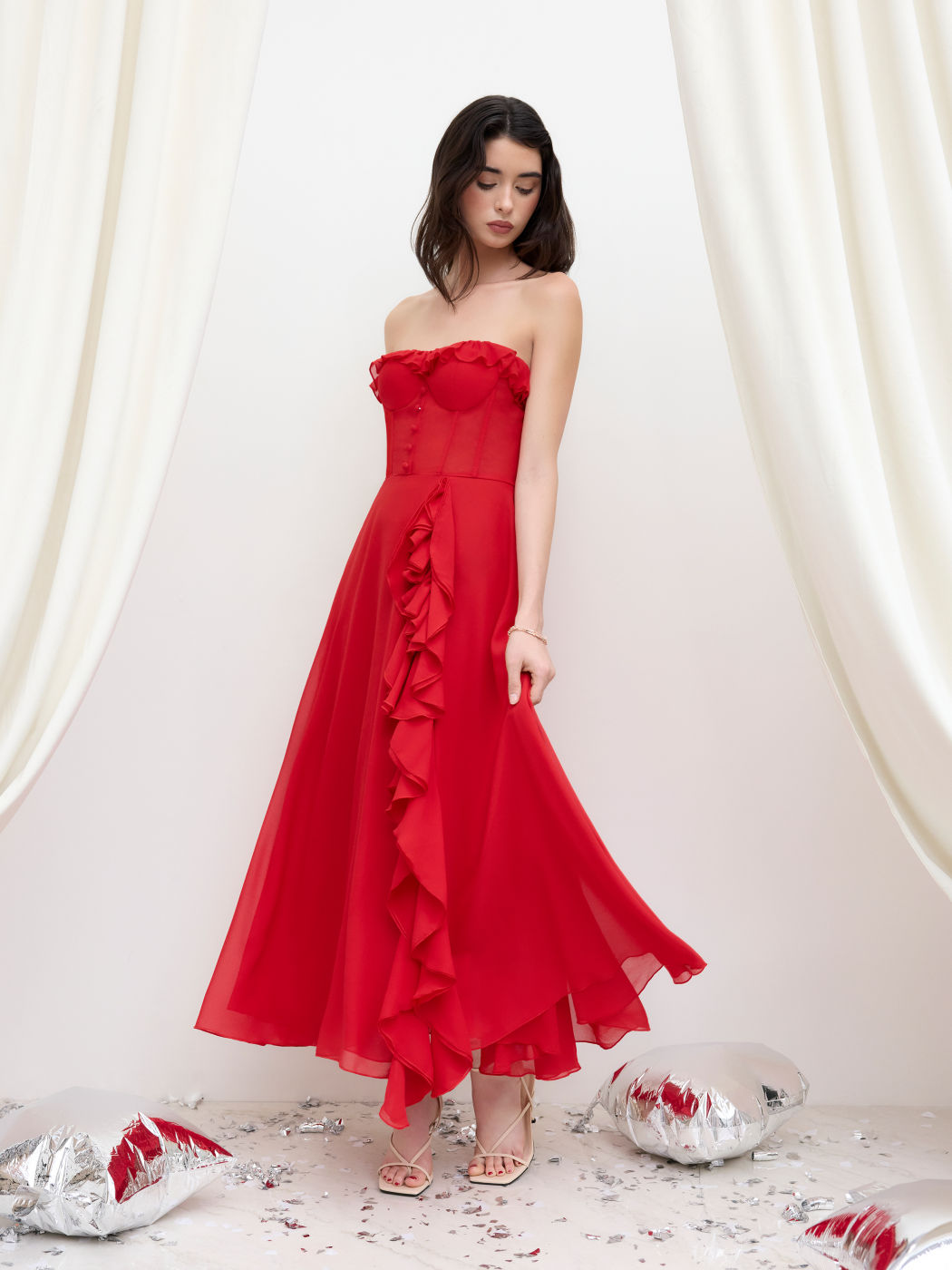 Chiffon Bandeau Corset Lace Up Ruffle Hem Split Maxi Dress