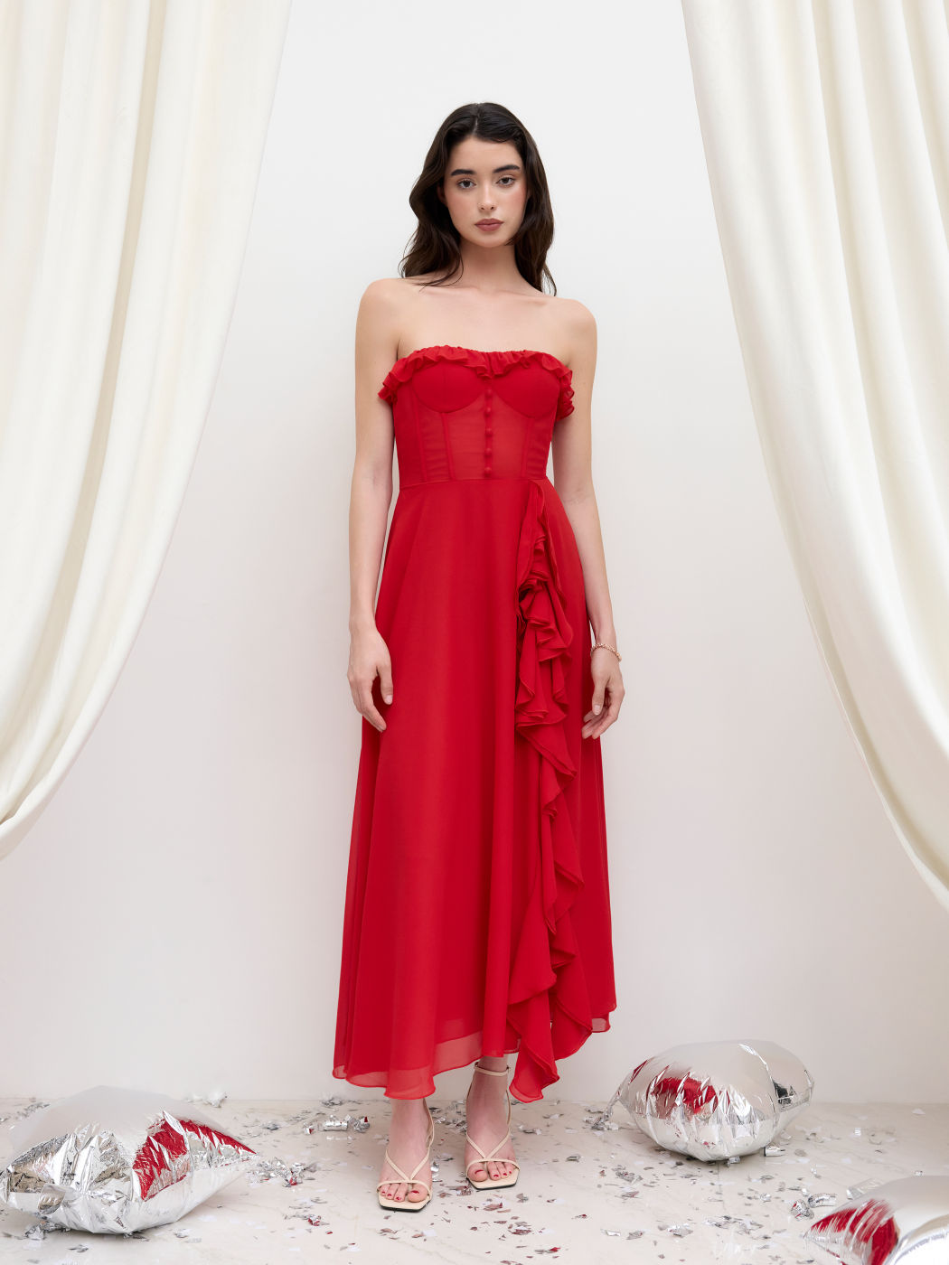 Chiffon Bandeau Corset Lace Up Ruffle Hem Split Maxi Dress