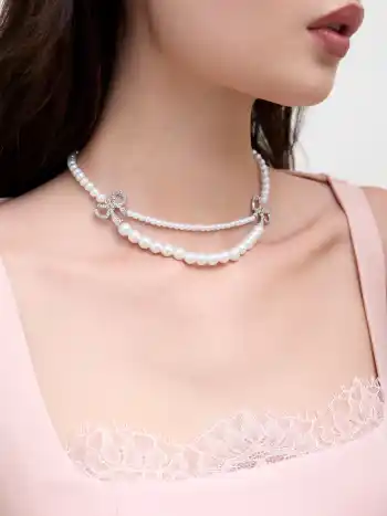 DOUBLE LAYERED RHINESTONE BOWKNOT & FAUX PEARL  NECKLACE