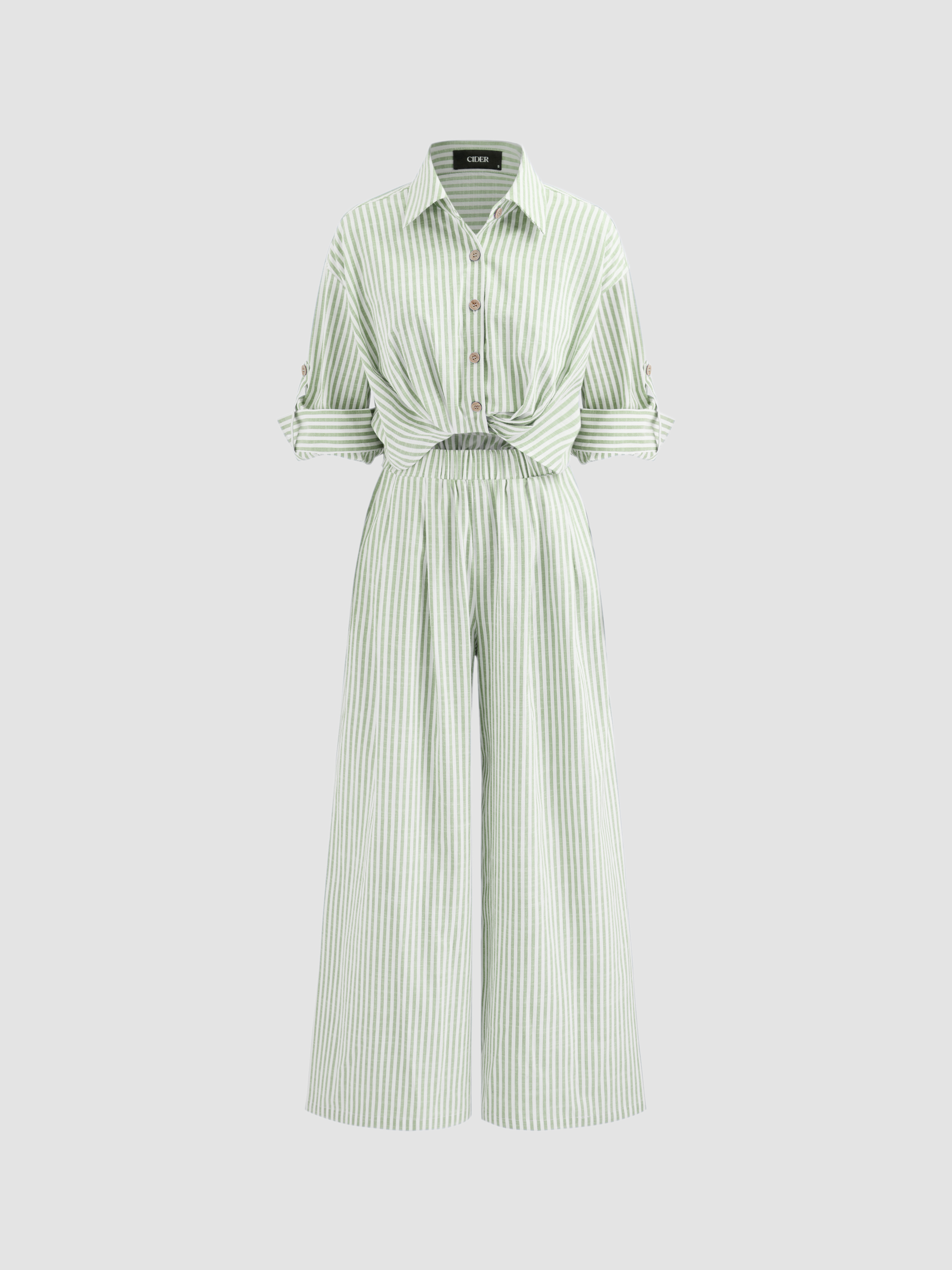 Woven Cotton-blend Collar Solid Striped Knotted Roll-up