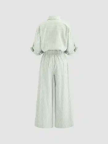 Cotton-blend Collar Solid Striped Knotted Roll-up Sleeve Jumpsuit
