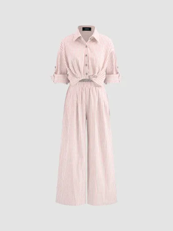 Cotton-blend Collar Solid Striped Knotted Roll-up Sleeve Jumpsuit
