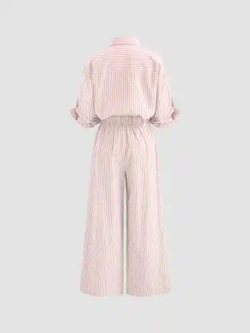 Cotton-blend Collar Solid Striped Knotted Roll-up Sleeve Jumpsuit