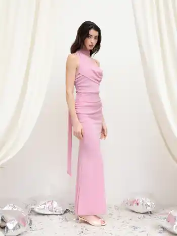 Mesh Halter Neckline Ruched Maxi Dress With Scarf
