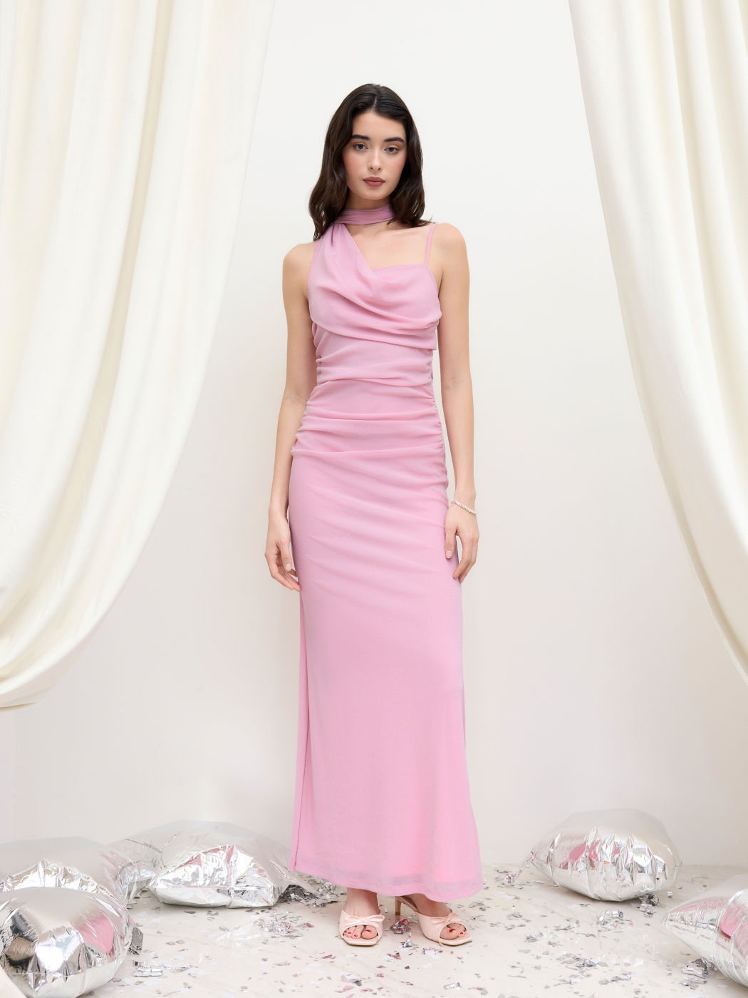 Mesh Halter Neckline Ruched Maxi Dress With Scarf