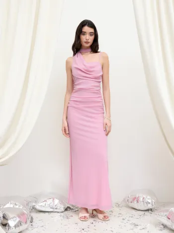 Mesh Halter Neckline Ruched Maxi Dress With Scarf
