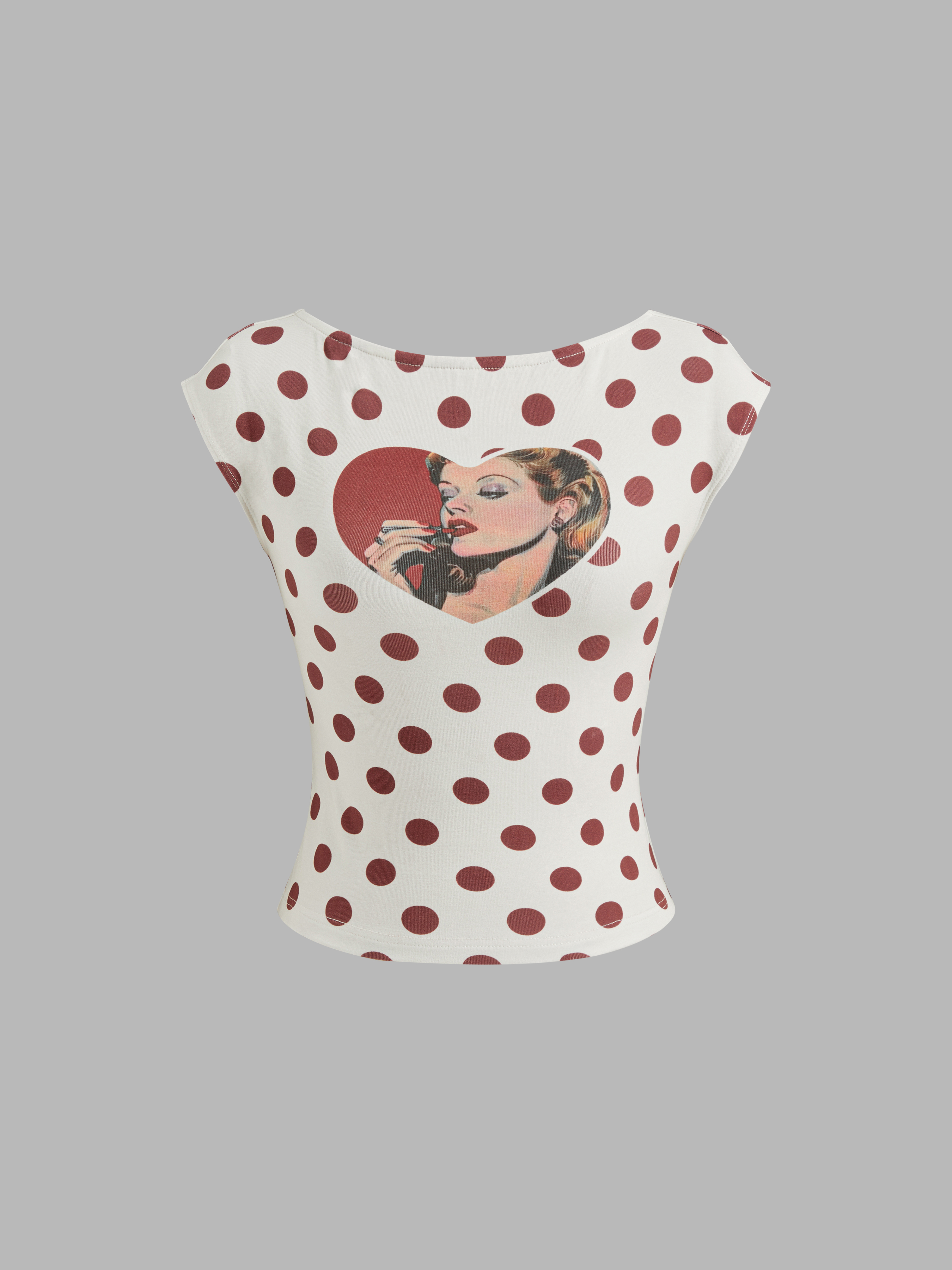Cotton-blend Boat Neck Polka Dot Heart Figure Graphic Backless Tee