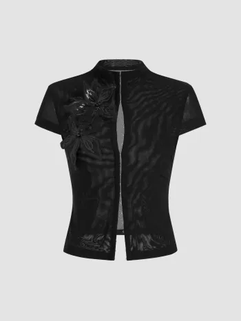 Mesh Stand Collar Sequin Flower See-through Tie Front Top