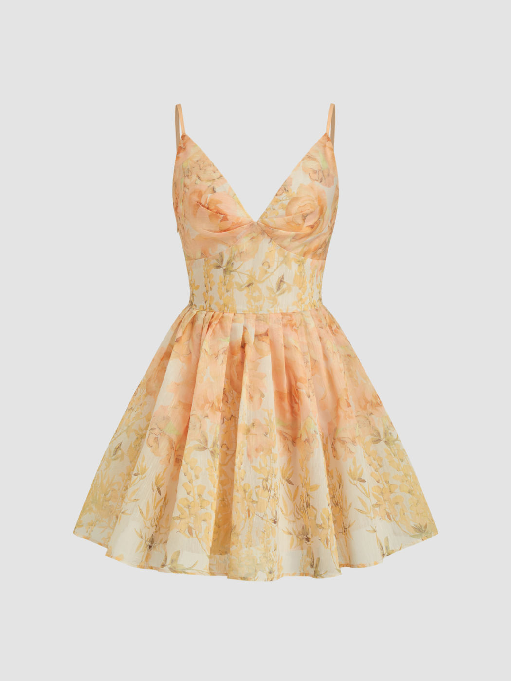 Mini-Kamikaze-Kleid mit quadratischem Halsrand und floralen Rüschen