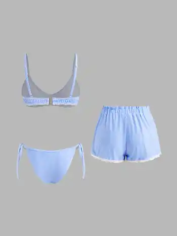 V-Ausschnitt Streifen Spitze Bänderchen Bikini-Set mit Cover-Up Shorts