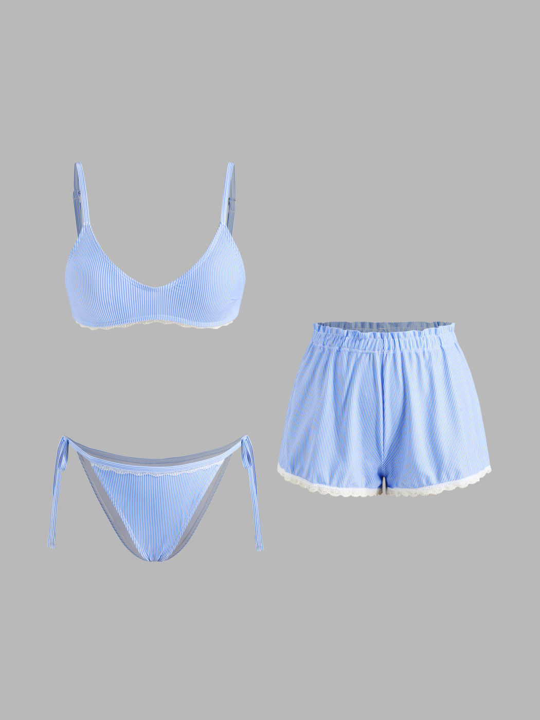V-Ausschnitt Streifen Spitze Bänderchen Bikini-Set mit Cover-Up Shorts