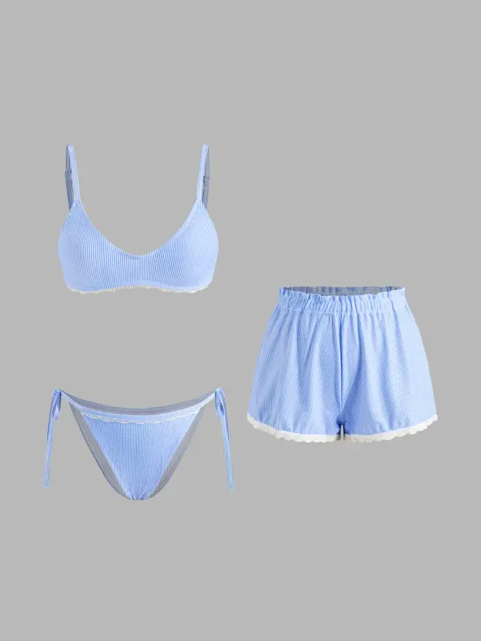 Knit Fabric V-neck Stripe Lace Trim Bracelet Bikini Set With Cover