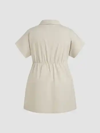 Linen-blend Collar Ruched Short Sleeve Mini Shirt Dress Curve & Plus
