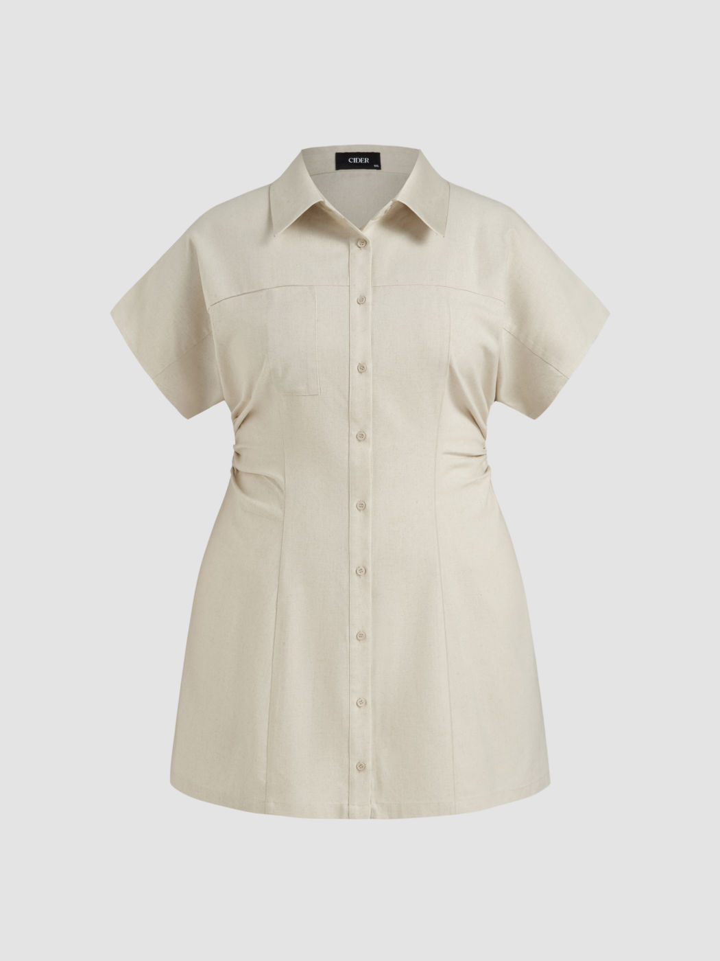 Linen-blend Collar Ruched Short Sleeve Mini Shirt Dress Curve & Plus