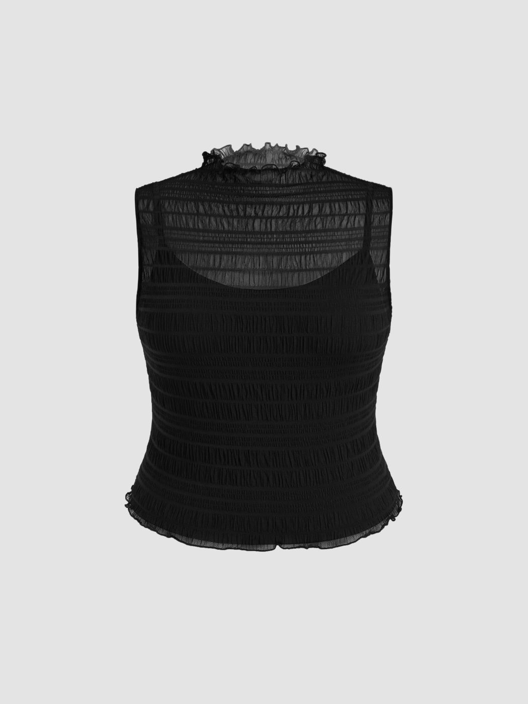 Stand Collar Shirred Lettuce Trim See-through Tank Top & Cami Top Curve & Plus