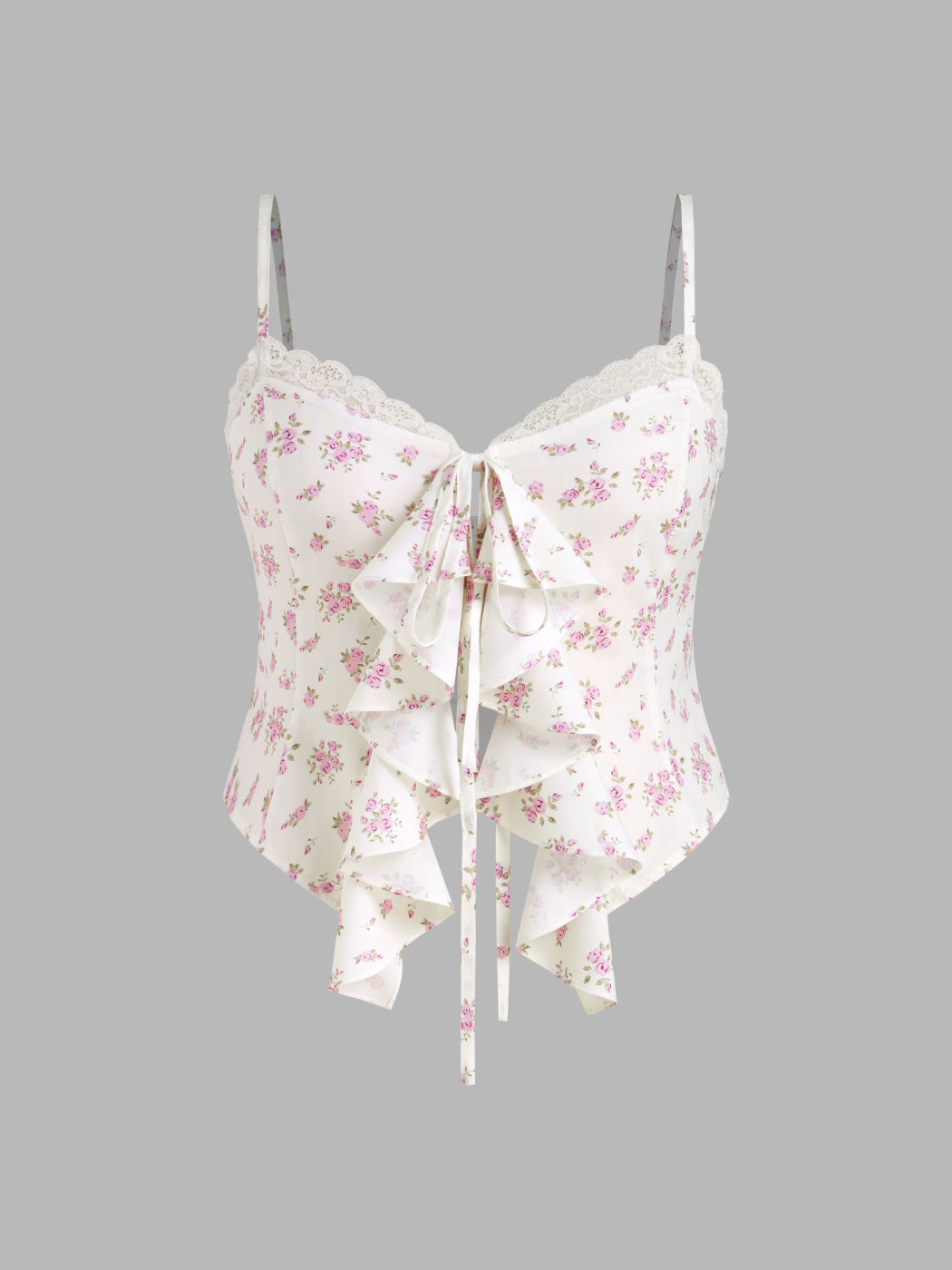Top Cami Curve & Plus con Scollo a V, Bordo in Pizzo Floreale, Orlo con Volant e Nodo