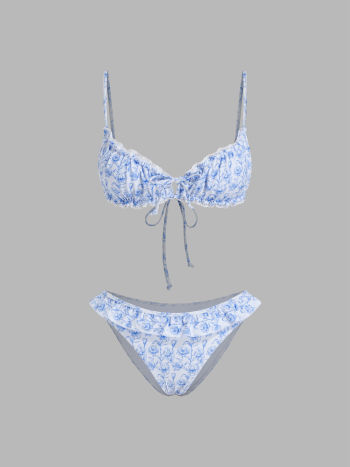 V-neck Floral Lettuce Trim Bracelet Cheeky Bikini Set