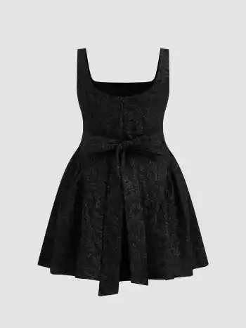 Square Neck Floral Jacquard Backless Bowknot Mini Dress Curve & Plus
