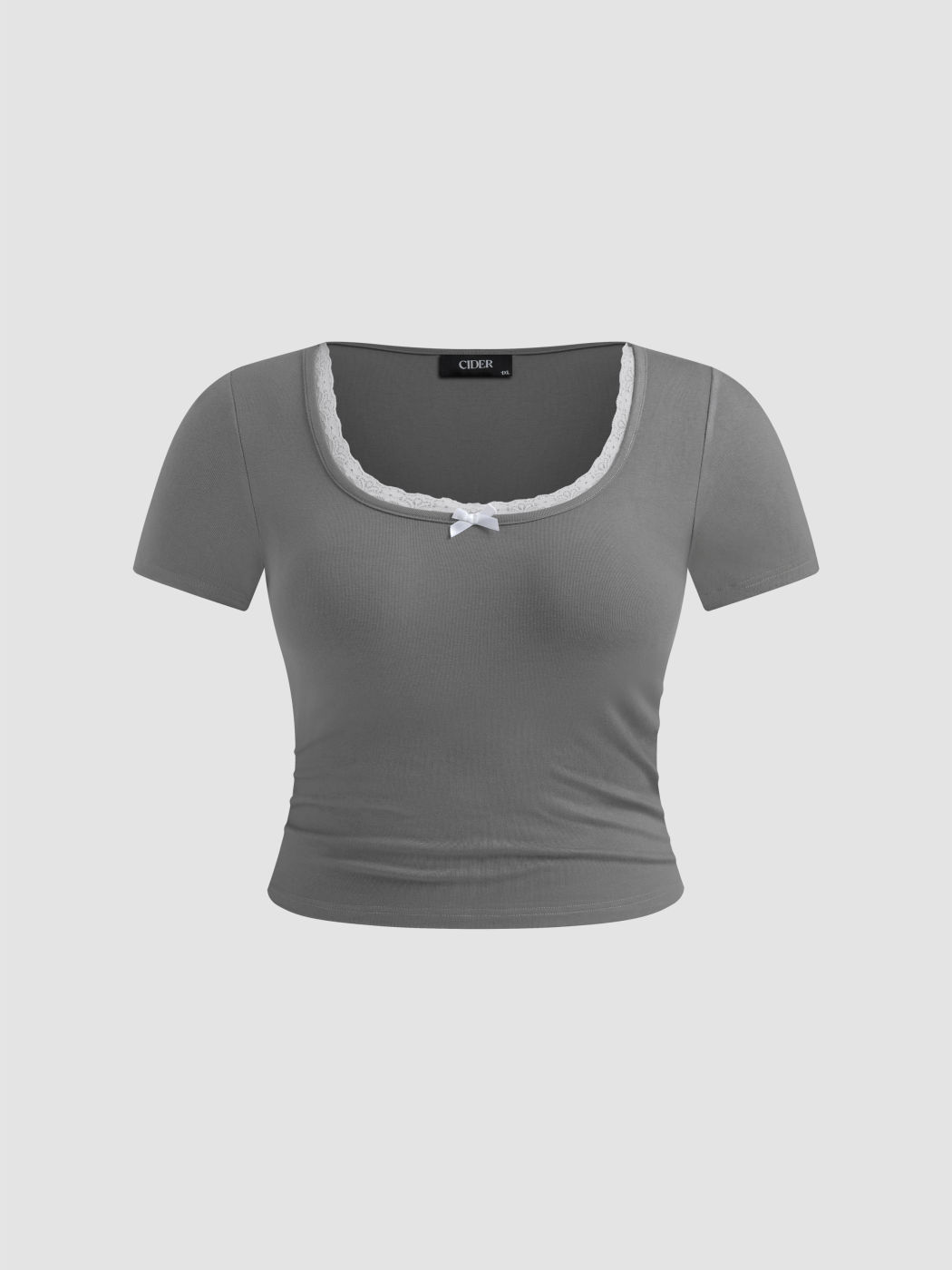 Bowknot Lace Trim Short Sleeve Tee Curve & Plus