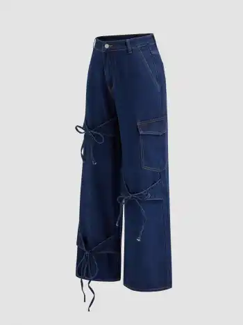 Cider Denim Low-Rise Einfarbige Jeans mit Schleife und Taschen, Weite Beine