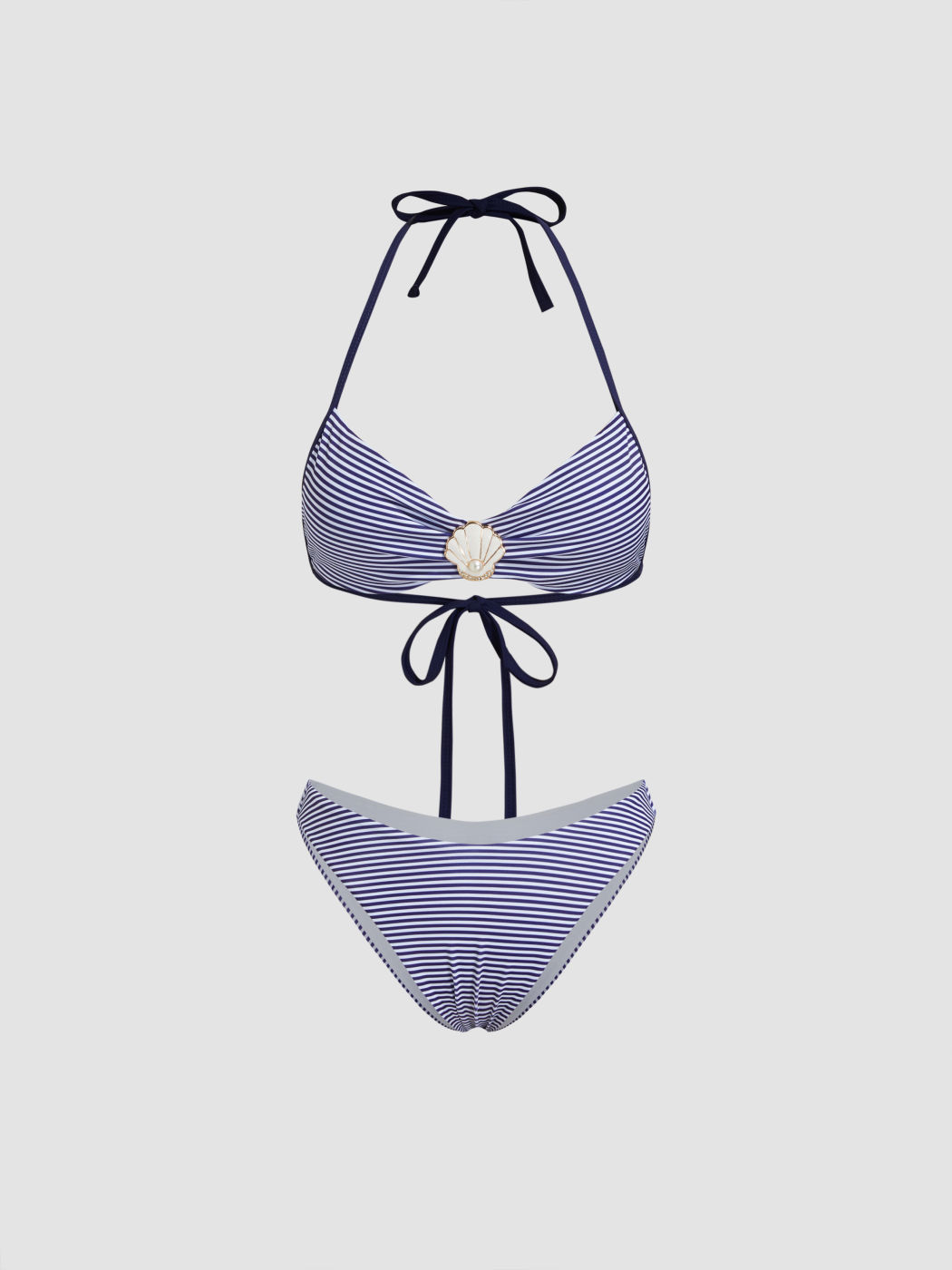 U-neckline Stripe Shell Detail Ruched Bracelet Cheeky Bikini Set