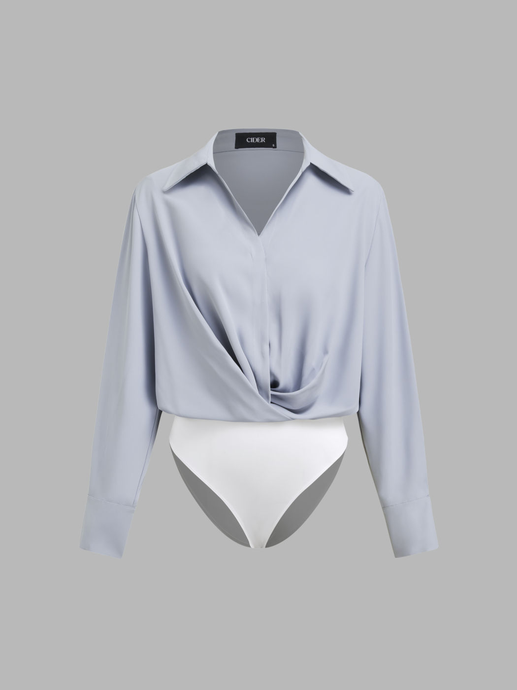 Collar Solid Ruched Long Sleeve Shirt Bodysuit