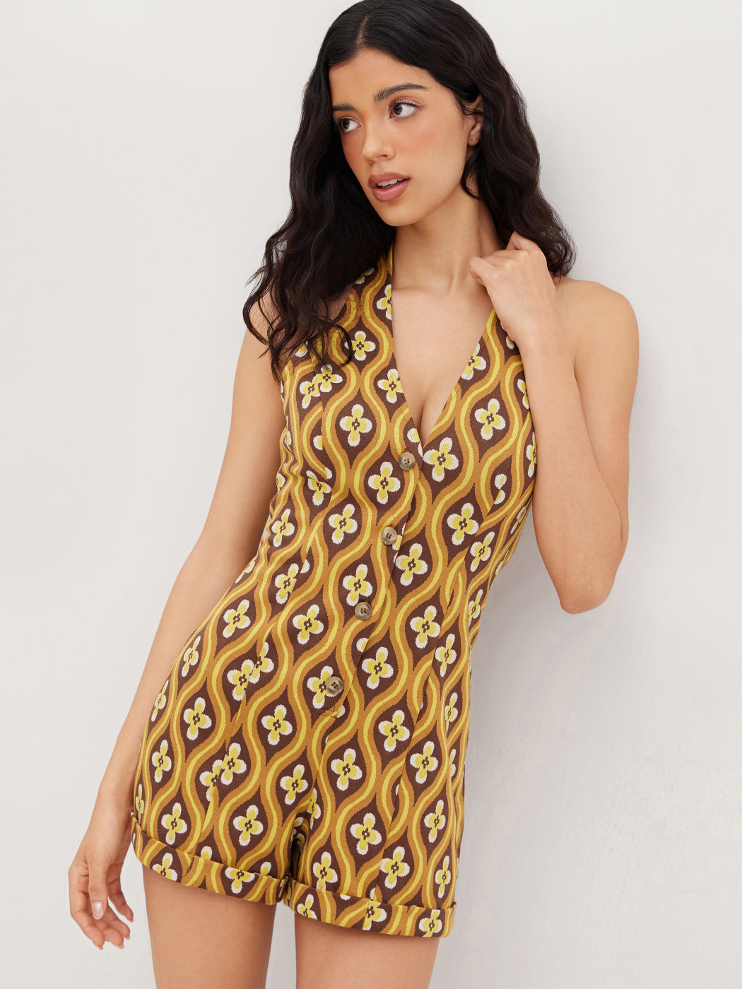 Jacquard-V-Ausschnitt geometrisches Knopf-Rollsaum-Strampler