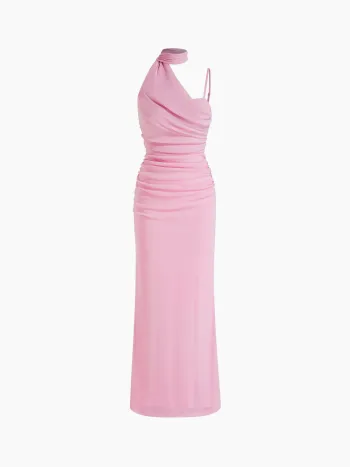 Maxikleid mit Netzstoff, Halterhalsausschnitt und Schärfung, mit Schal