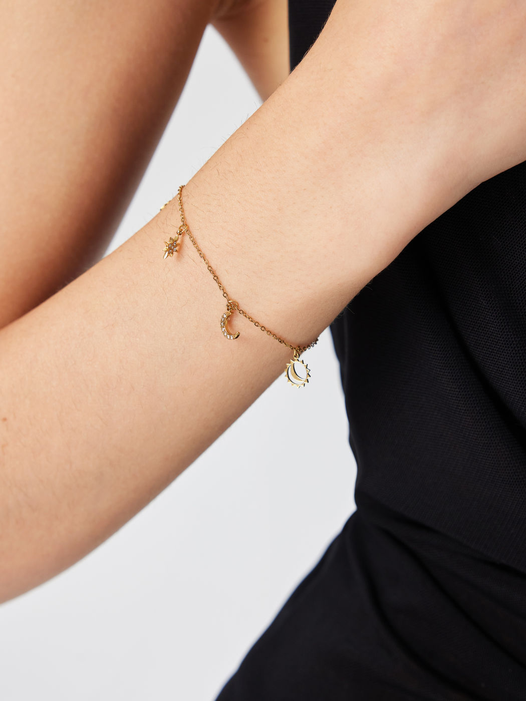 18K vergoldete Edelstahlkettenarmbänder mit Strass-Sternen und -Mondmotiven