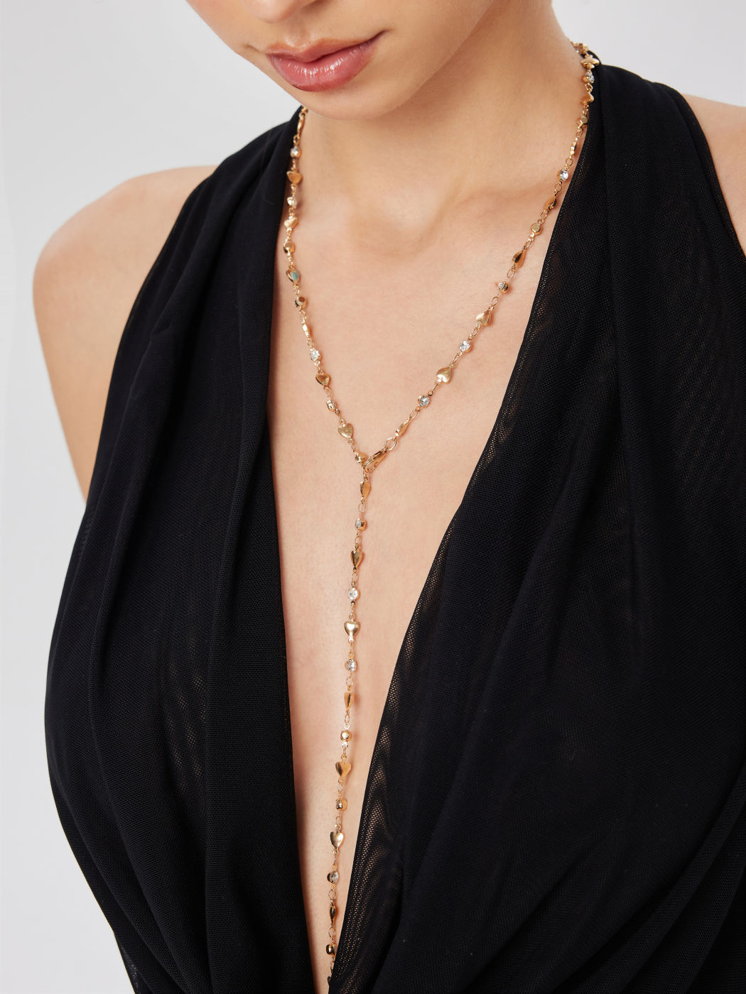 HEART & RHINESTONE Y SHAPED METALLIC CHAIN NECKLACE