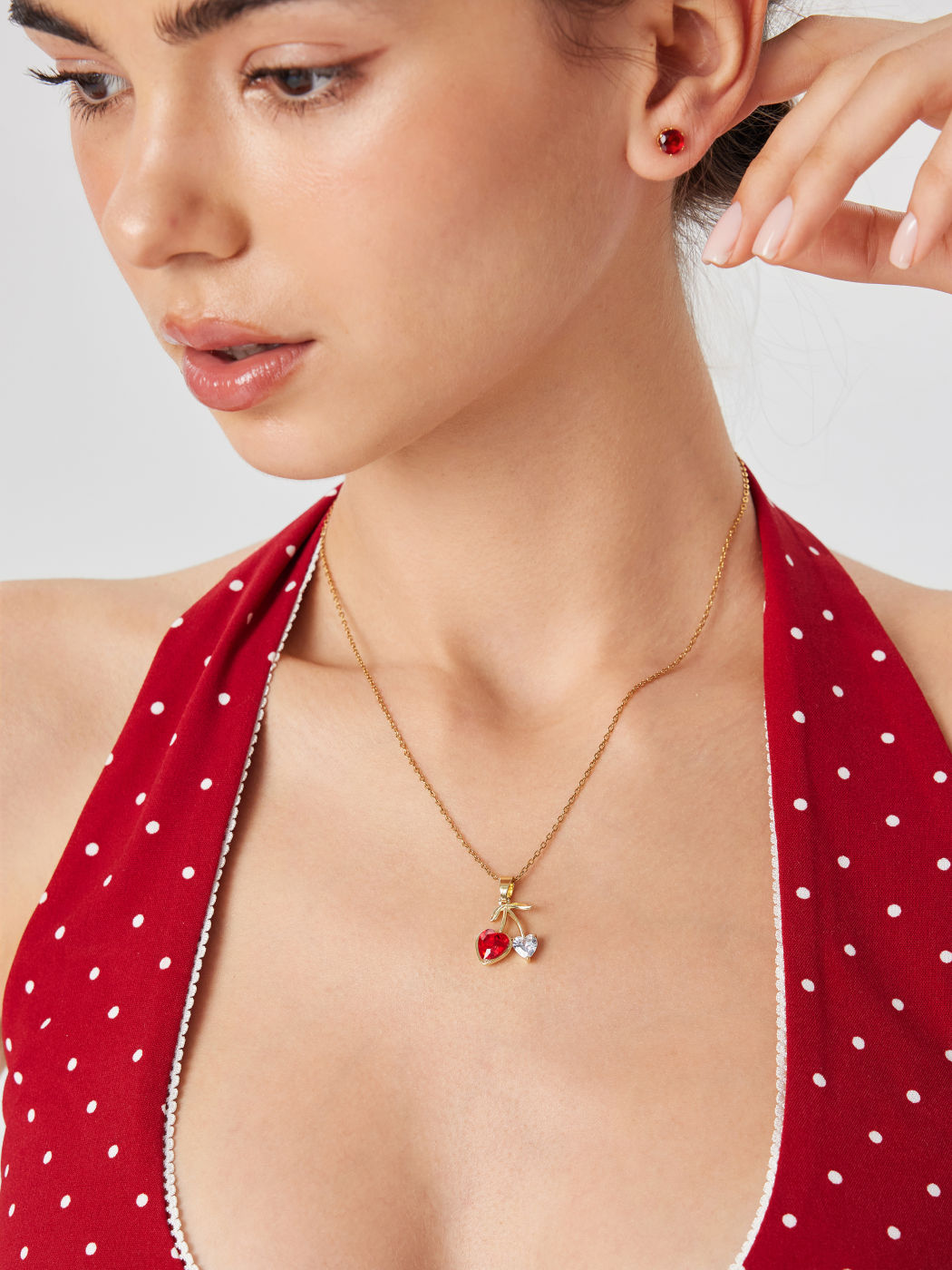 HEART SHAPED RHINESTONE CHERRY STAINLESS STEEL PENDANT NECKLACE & STUD EARRINGS SET