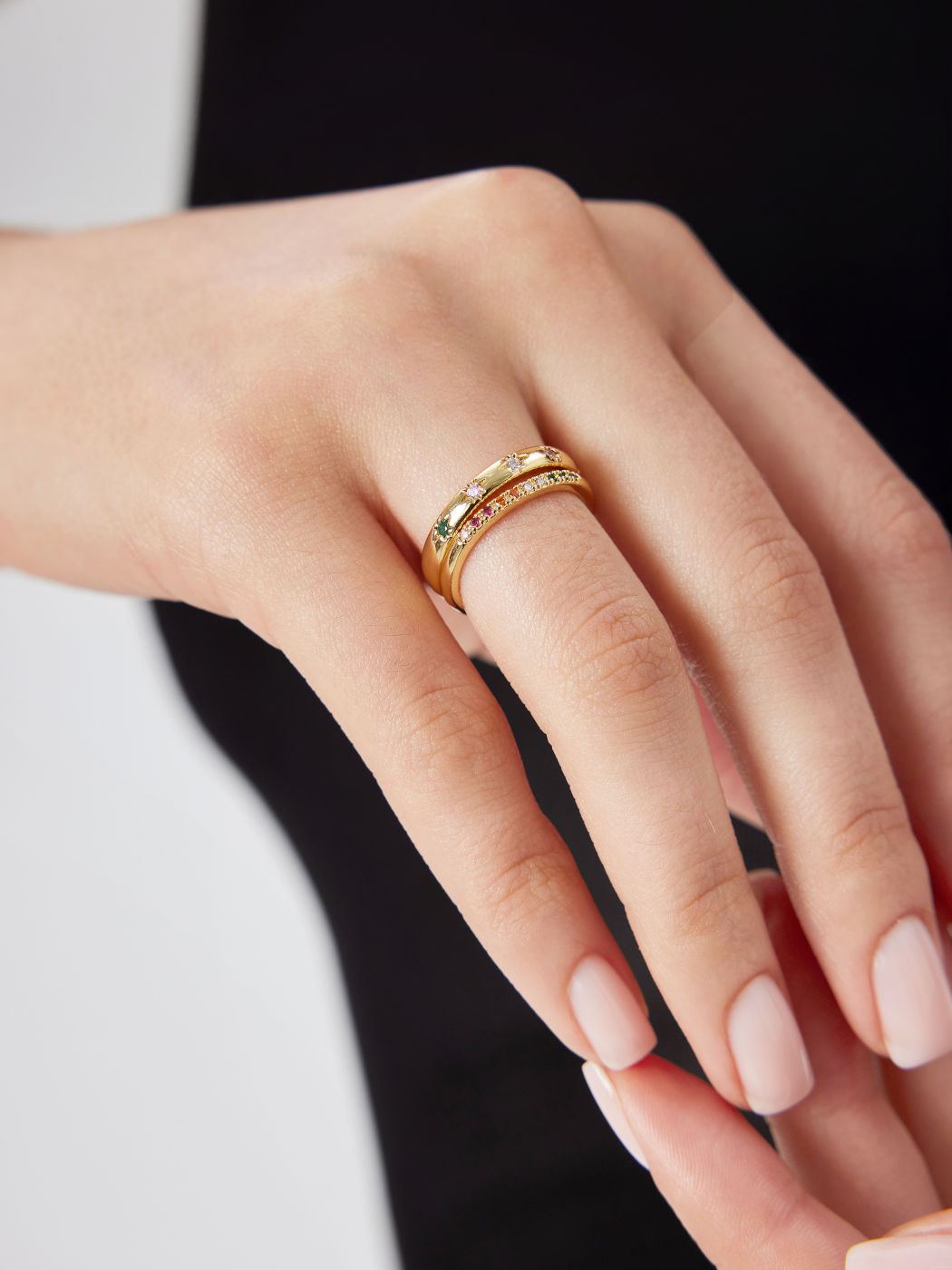 2PCS COLORFUL RHINESTONE INLAID 18K GOLD PLATED RING SET
