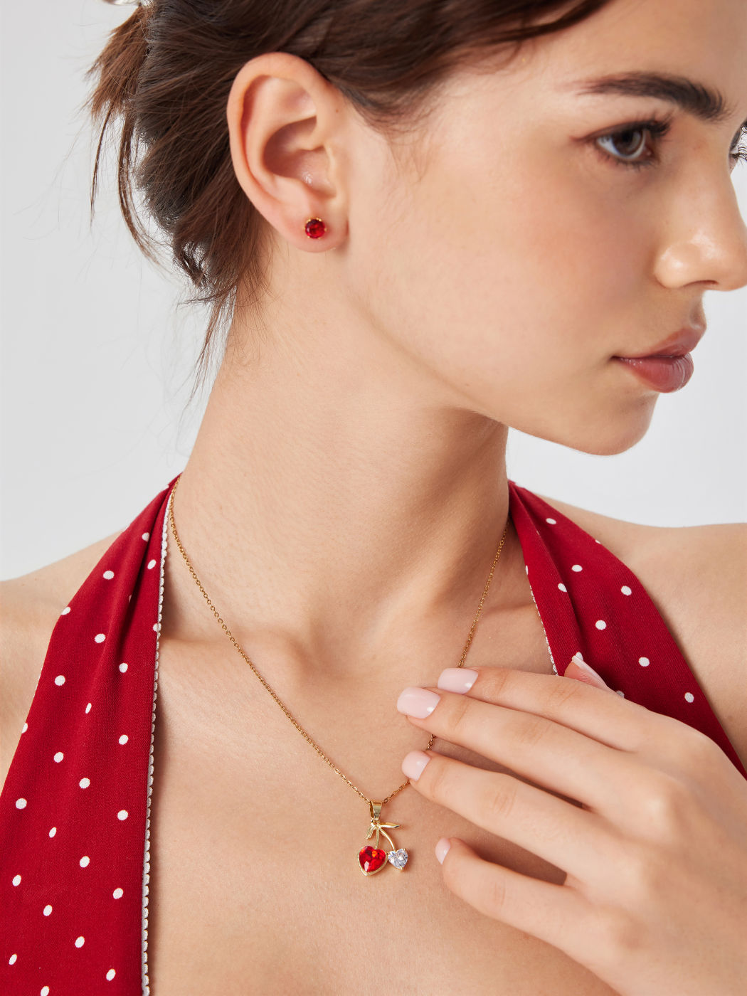 HEART SHAPED RHINESTONE CHERRY STAINLESS STEEL PENDANT NECKLACE & STUD EARRINGS SET