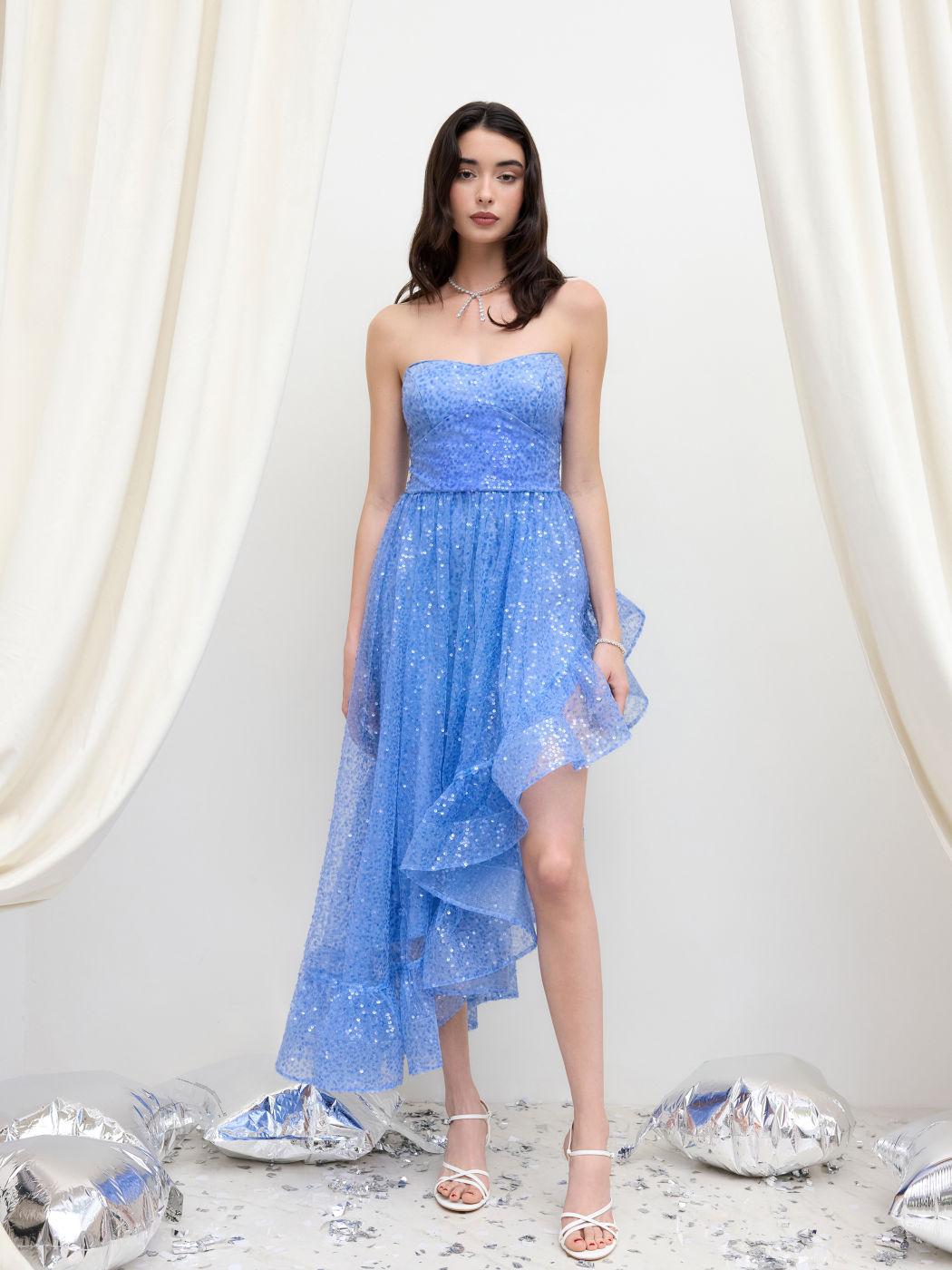 Sequin Asymmetrical Ruffle Hem Tube Gown Maxi Dress