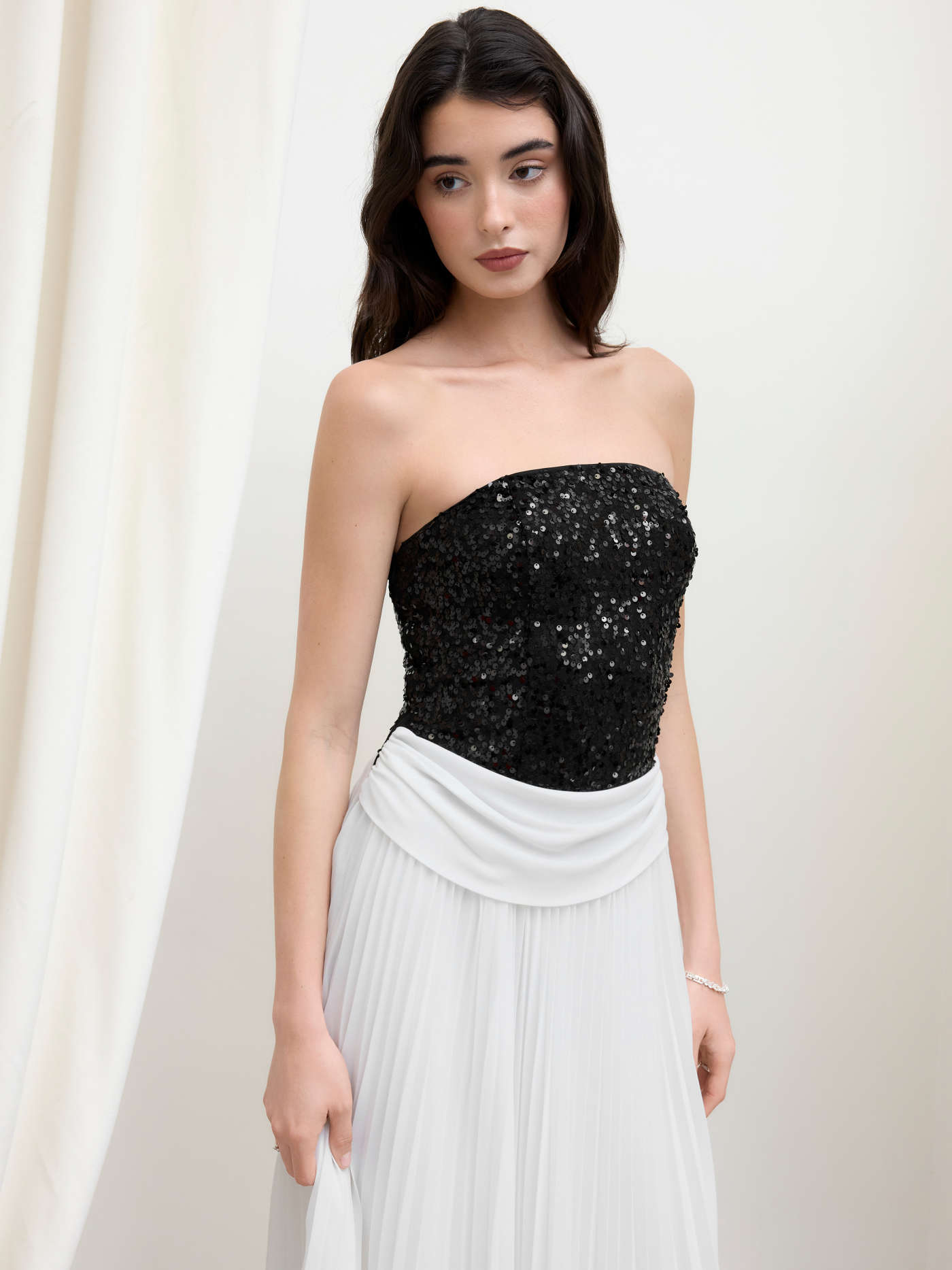 Sequin Pleated Patched Lace Up Bandeau Maxi Dress