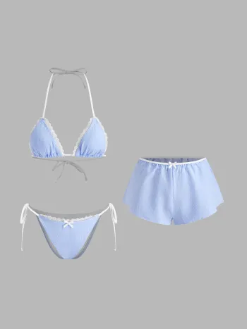 Halter Neckline Bowknot Lace Bikini Set & Cover Up Shorts