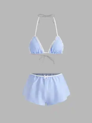 Halter Neckline Bowknot Lace Bikini Set & Cover Up Shorts
