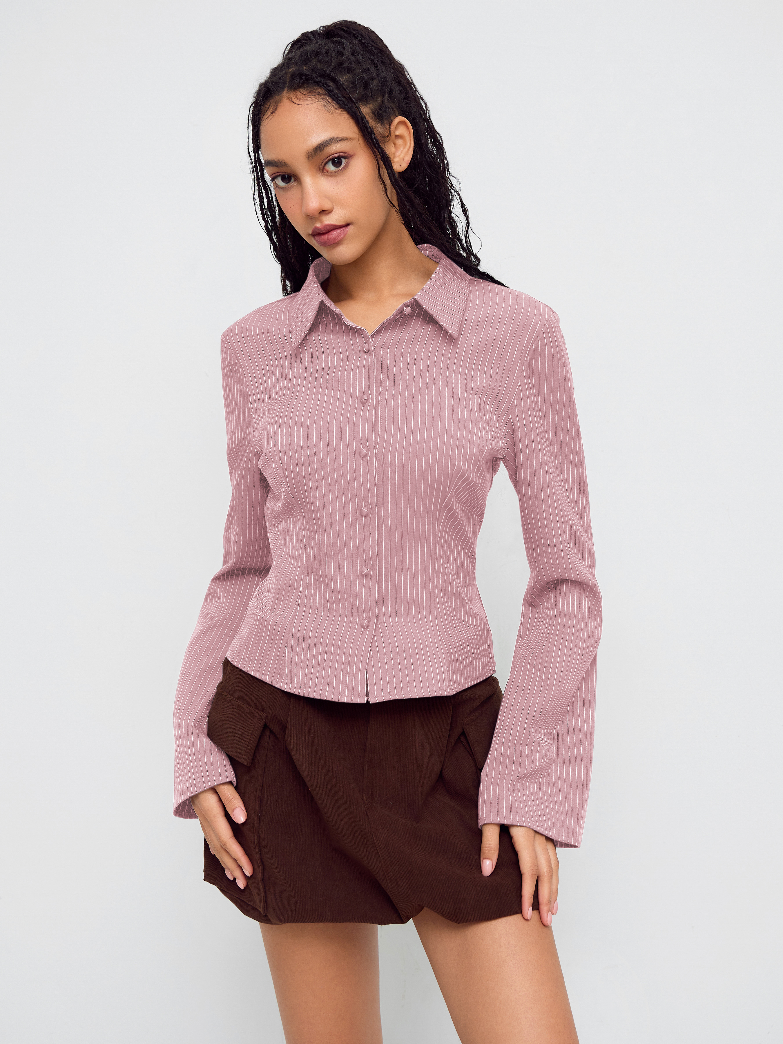 Woven Collar Striped Cinched Waist Bell Sleeve Shirt For School