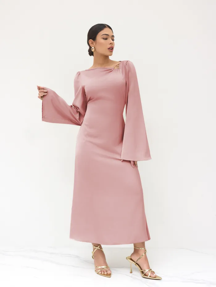 Satin Satin Boat Neck Metal Detail Ruched Knotted Ruffle Midi Dress For Daily Casual