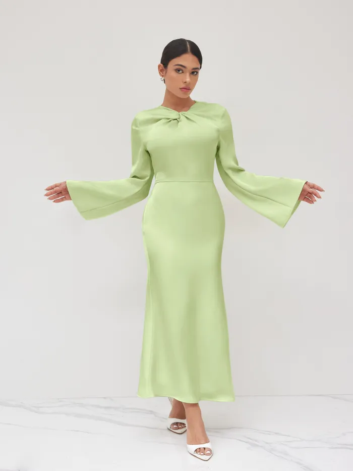 Satin Boat Neck Asymmetrical Sleeve Ruched Metal Detail Maxi Dress