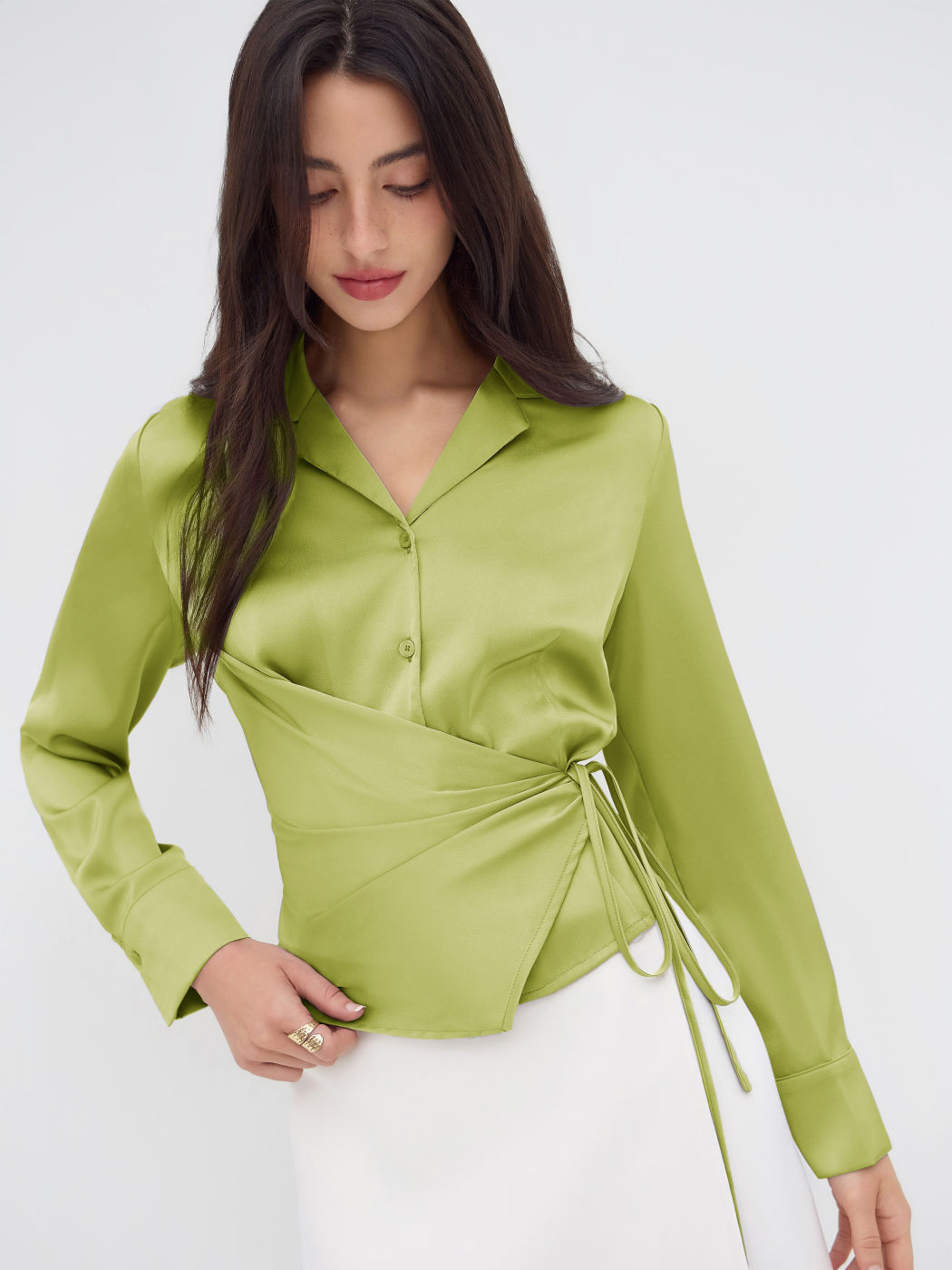 Notched Collar Ruched Knotted Shirt