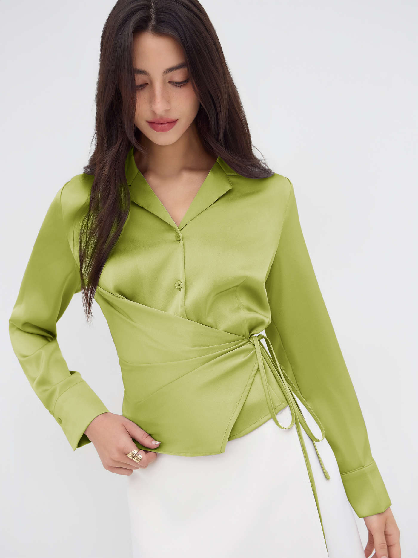 Woven Notched Collar Ruched Knotted Shirt For Work