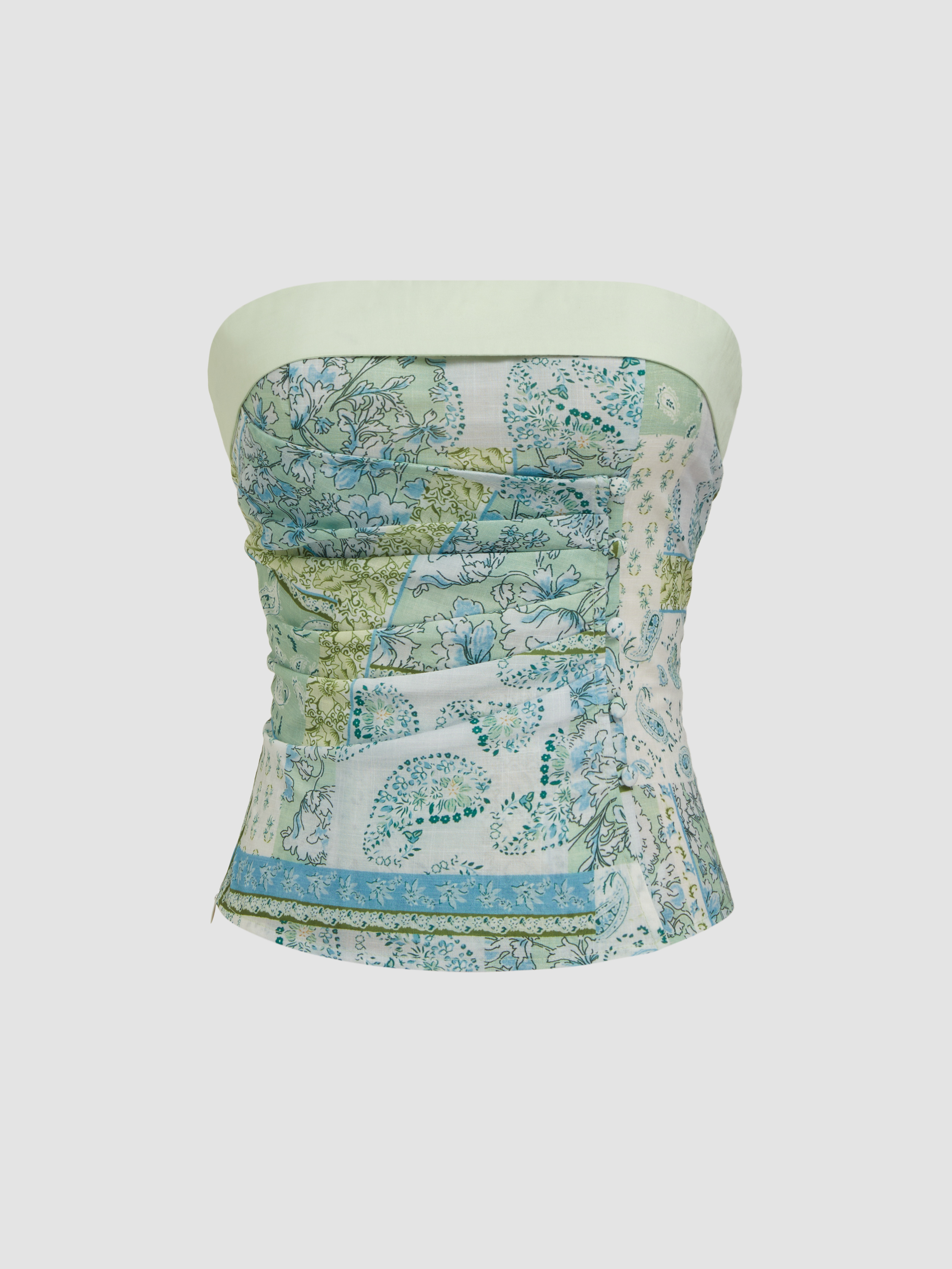 Cotton-blend Paisley Ruched Fold Over Bandeau Top