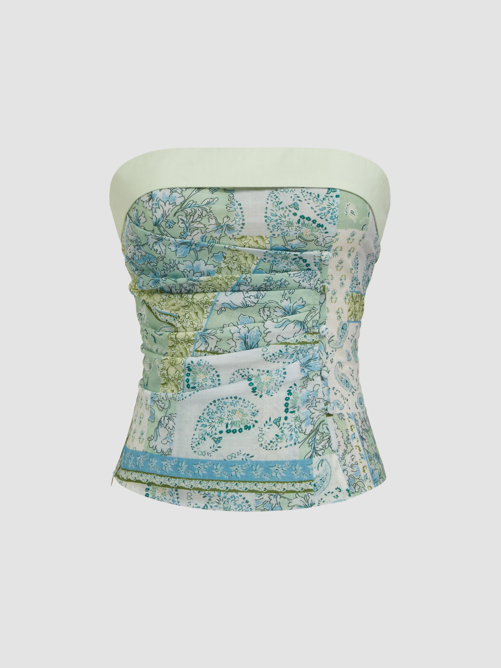 Cotton-blend Paisley Ruched Fold Over Bandeau Top