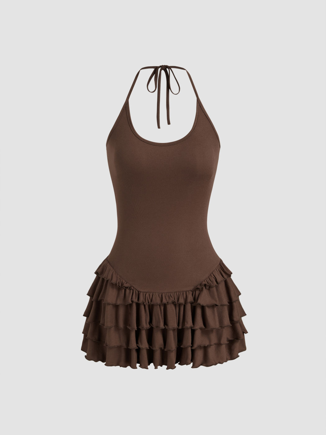 Mini-Kleid mit Halterhals und geschichteten Spitzenrand
