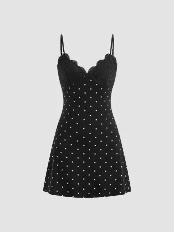 Cotton-blend V-neck Polka Dot Lace Trim Cami Mini Dress