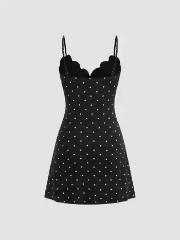 Cotton-blend V-neck Polka Dot Lace Trim Cami Mini Dress